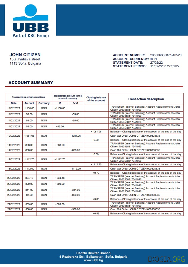Relevé bancaire Bulgarie UBB